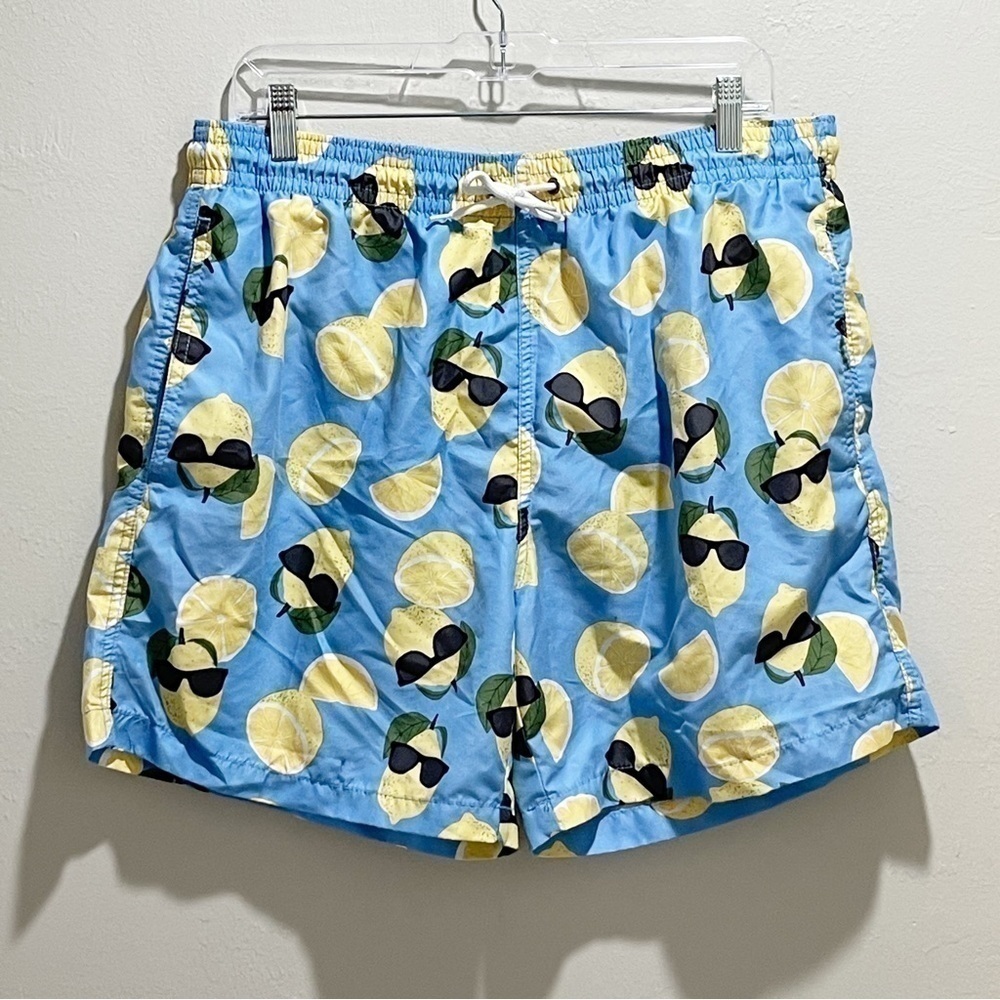 TRUNKS SURF & SWIM Men’s Blue Novelty Lemon Print Mesh Lined Swim Trunks Size XL